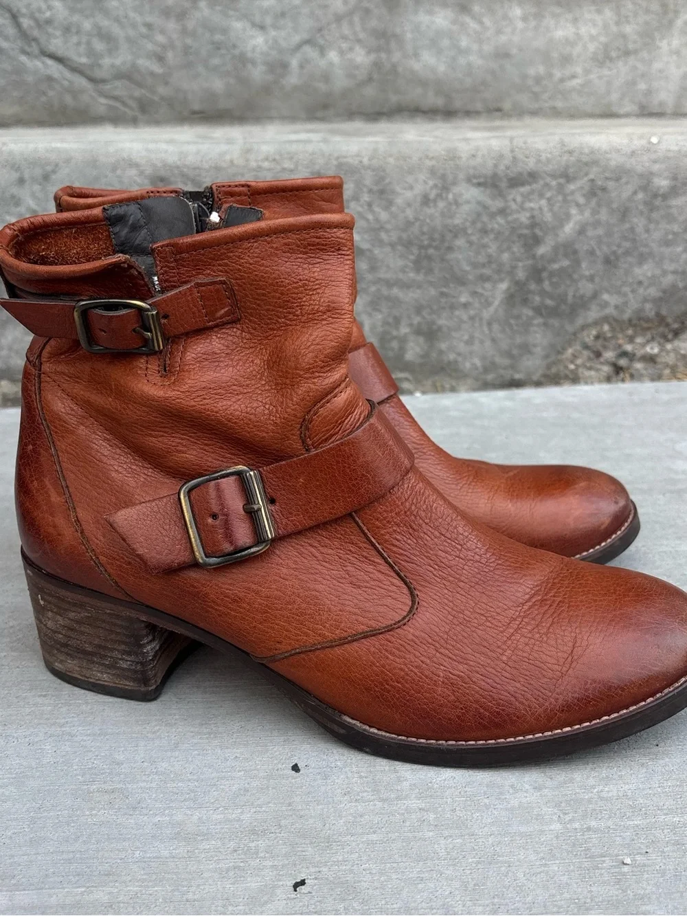 Paul Green München Cognac Leather Double Buckle Ankle Boots Women’s US 8 / EU 5½